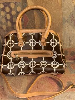 Henri bendel Monogram Circle Print Brown Leather-Trim Satchel